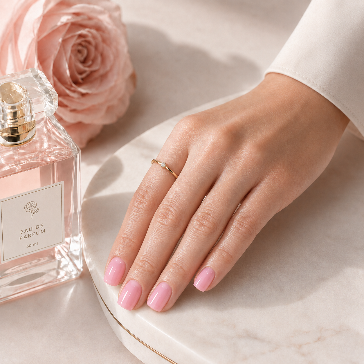 Cherry Blossom glossy pink short square press on nails styled in a modern minimalist beauty scene with a blush rose, perfume bottle and marble tray.