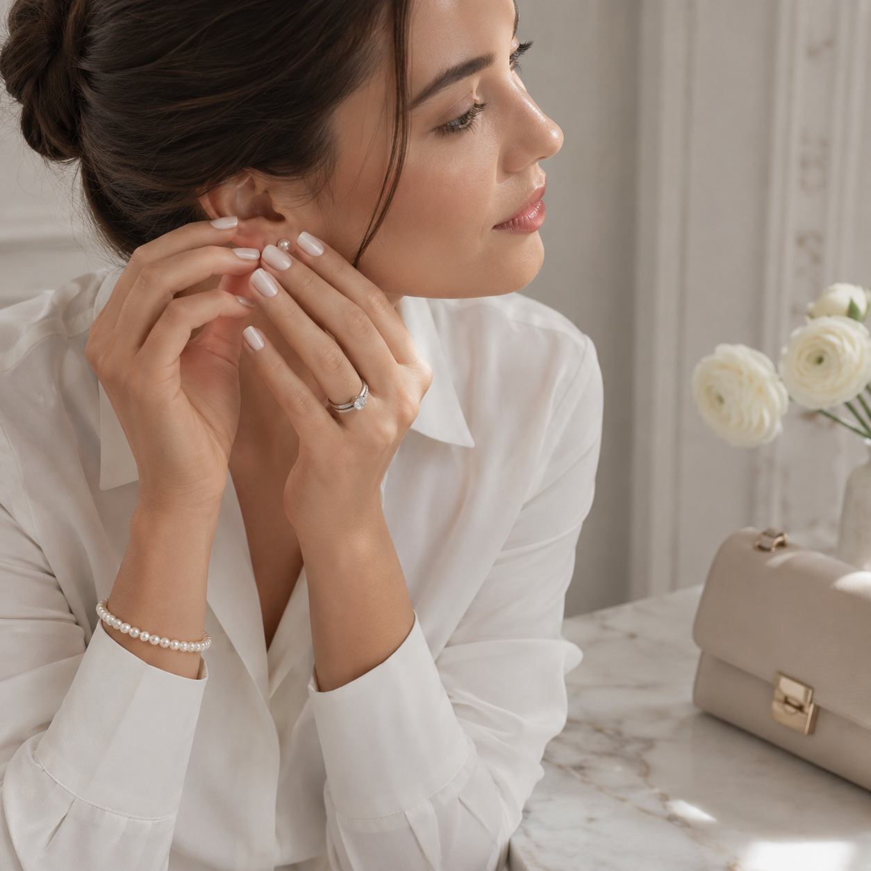 Parisian-inspired lifestyle image of Frosted Blanc short square press-on nails as a woman adjusts a pearl earring, styled with a crisp white blouse, pearl jewellery, soft beige handbag and fresh white flowers for an elegant French Atelier beauty moment.