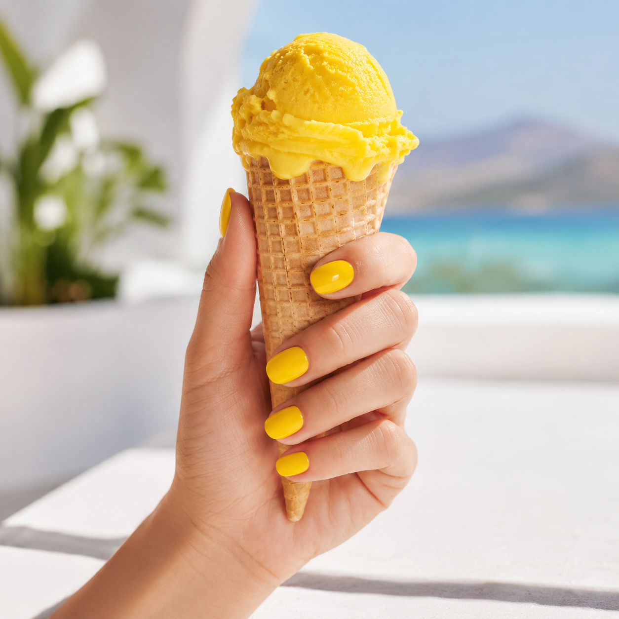 Mango Sorbet short oval press-on nails in a glossy bright mango-yellow shade, styled holding a matching mango gelato cone in a sunny summer setting from the Press & Glow Sorbet Lumière collection.