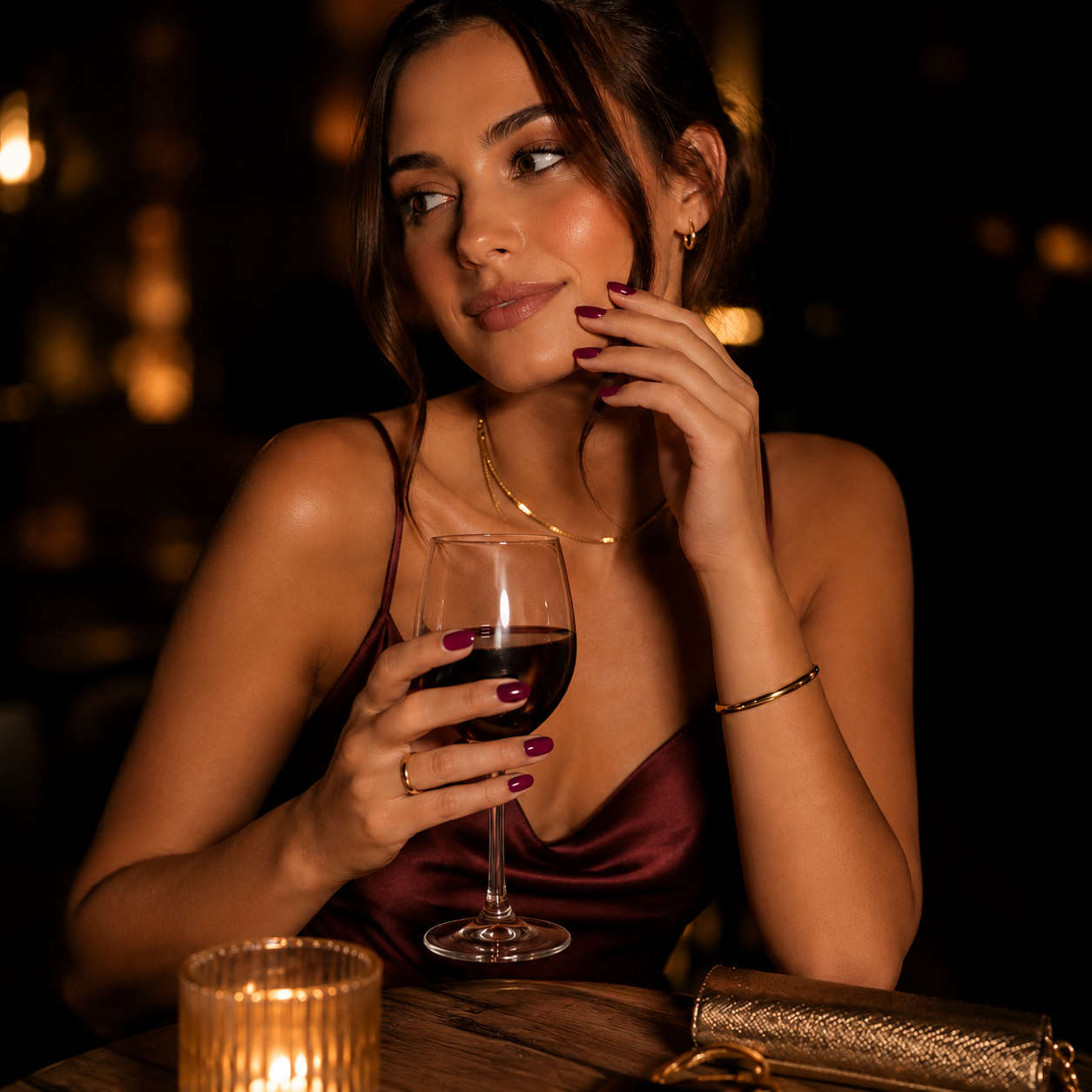 Merlot Muse glossy berry wine press on nails styled in a luxury evening portrait, with a woman in a satin dress holding a red wine glass under warm, dramatic Noir Lumière lighting.