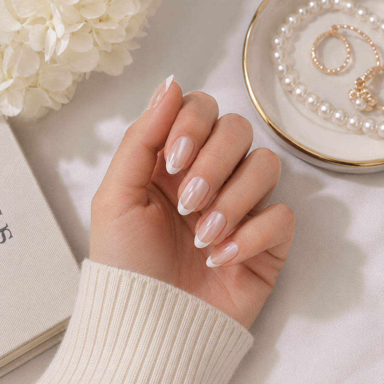 Pearl French short almond press-on nails with a sheer nude base, pearlescent glazed finish and soft white French tips, styled with a cream knit sleeve beside pearl jewellery and white flowers for a Parisian-inspired French manicure look.